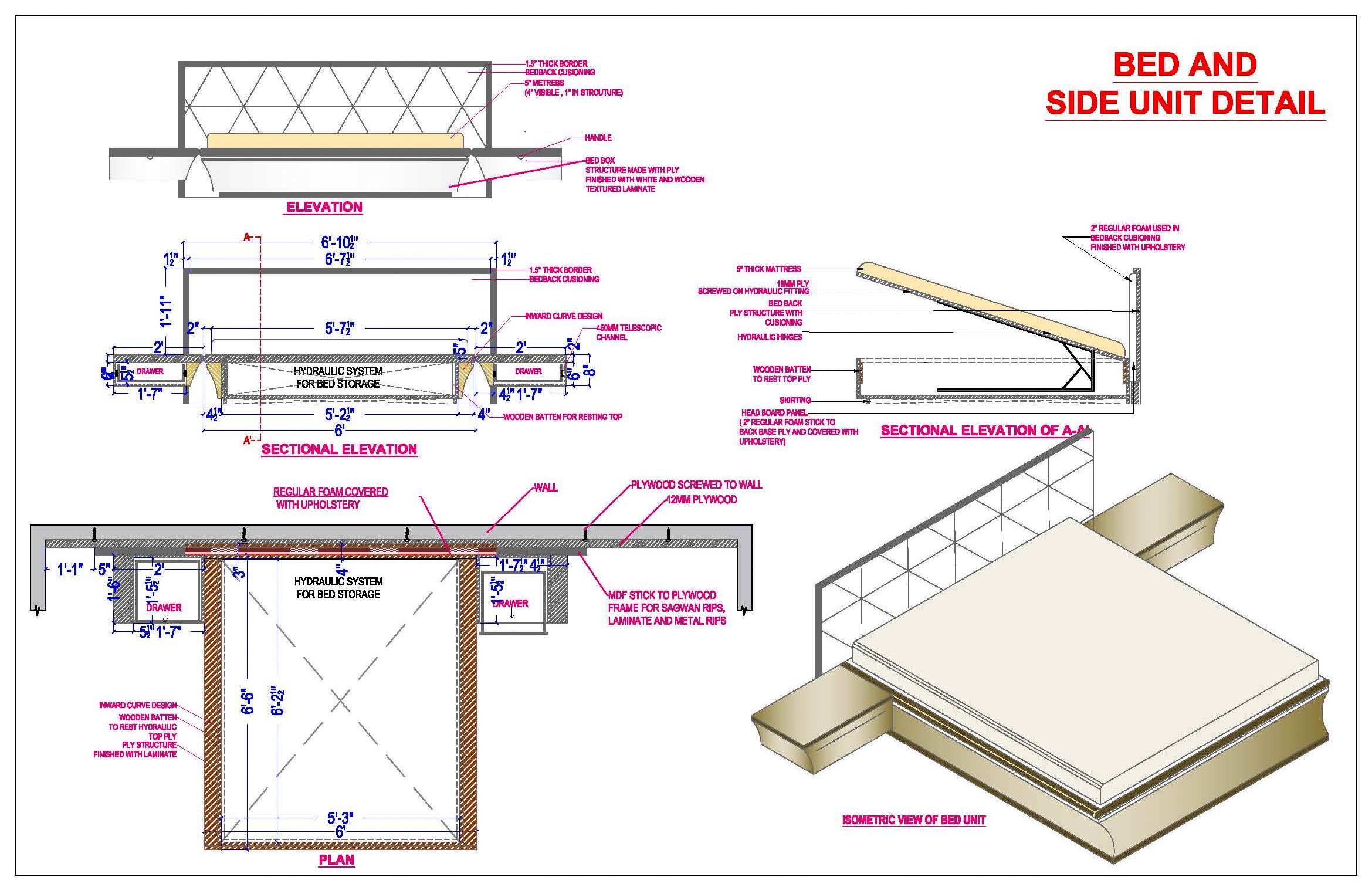 Double Bed with Headboard and Side Table CAD Drawing